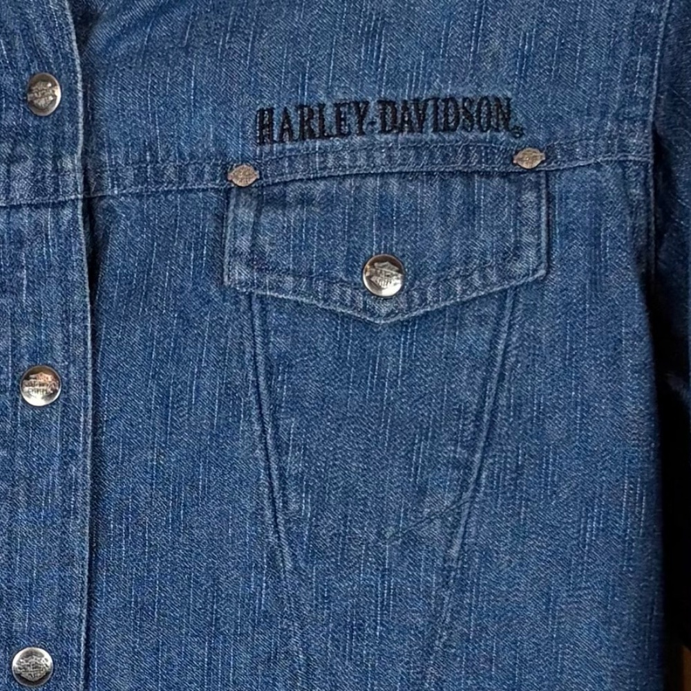 Harley Davidson Denim Long Sleeve Button Down Shirt w/ Silver Shimmer Embroidery - Picture 5 of 11